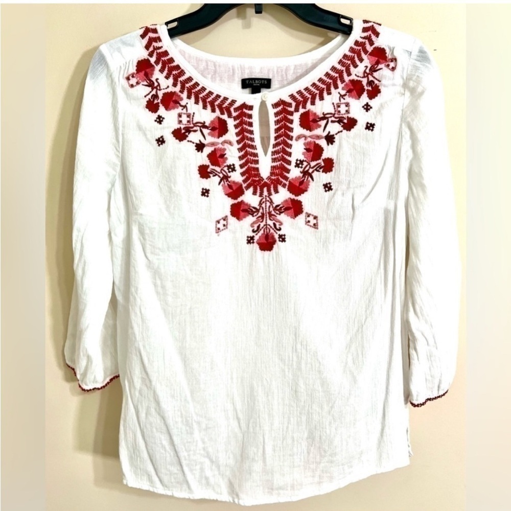 TALBOTS Women’s Embroidered Floral Crinkle Gauze Sheer Popover Size‎ Petite M